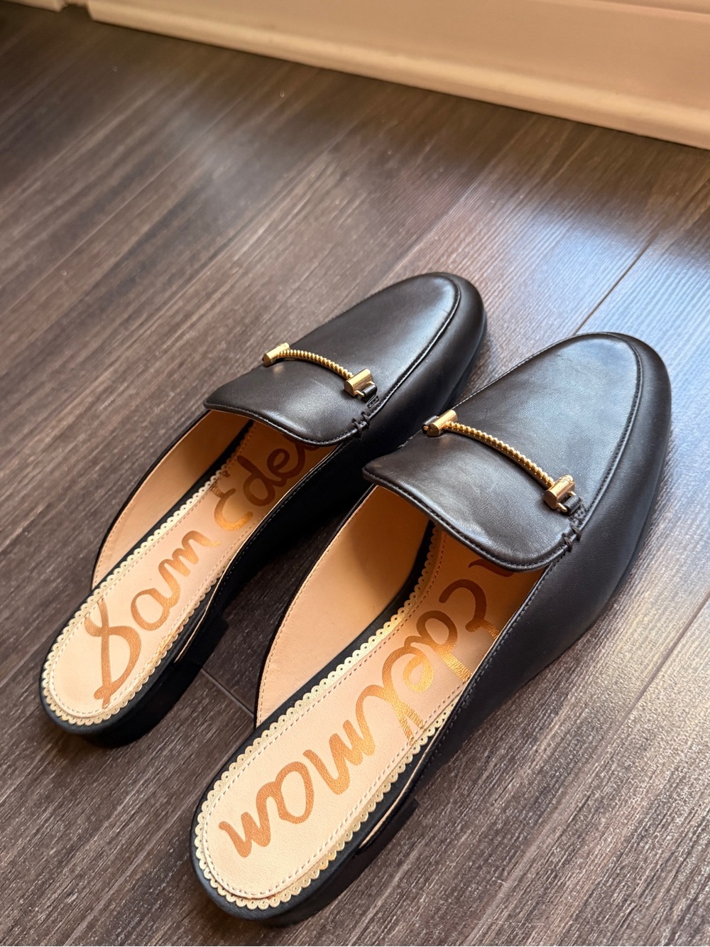 Sam Edelman Black Leather Backless Loafers with Gold Accent